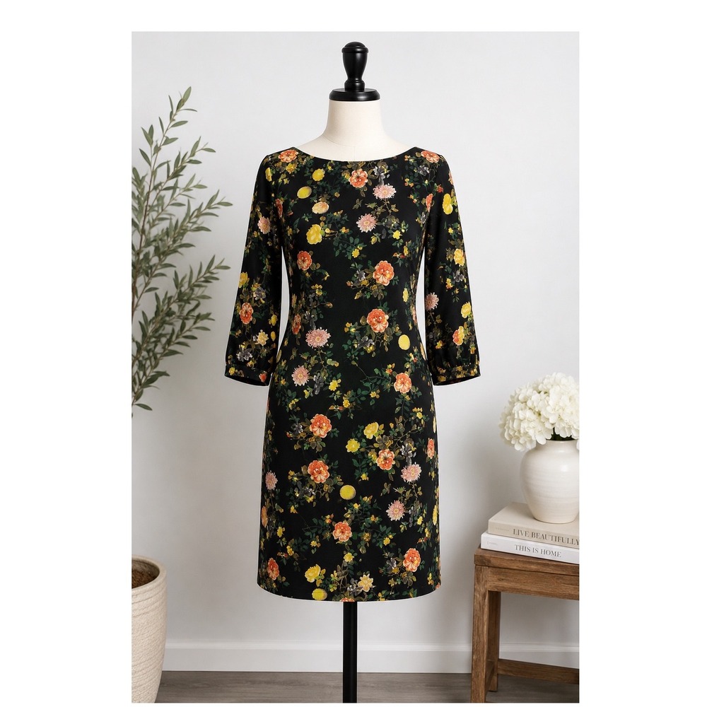 Banana Republic Floral Shift Dress Sz 4 Black Rose Print 3/4 Sleeve Lined Midi